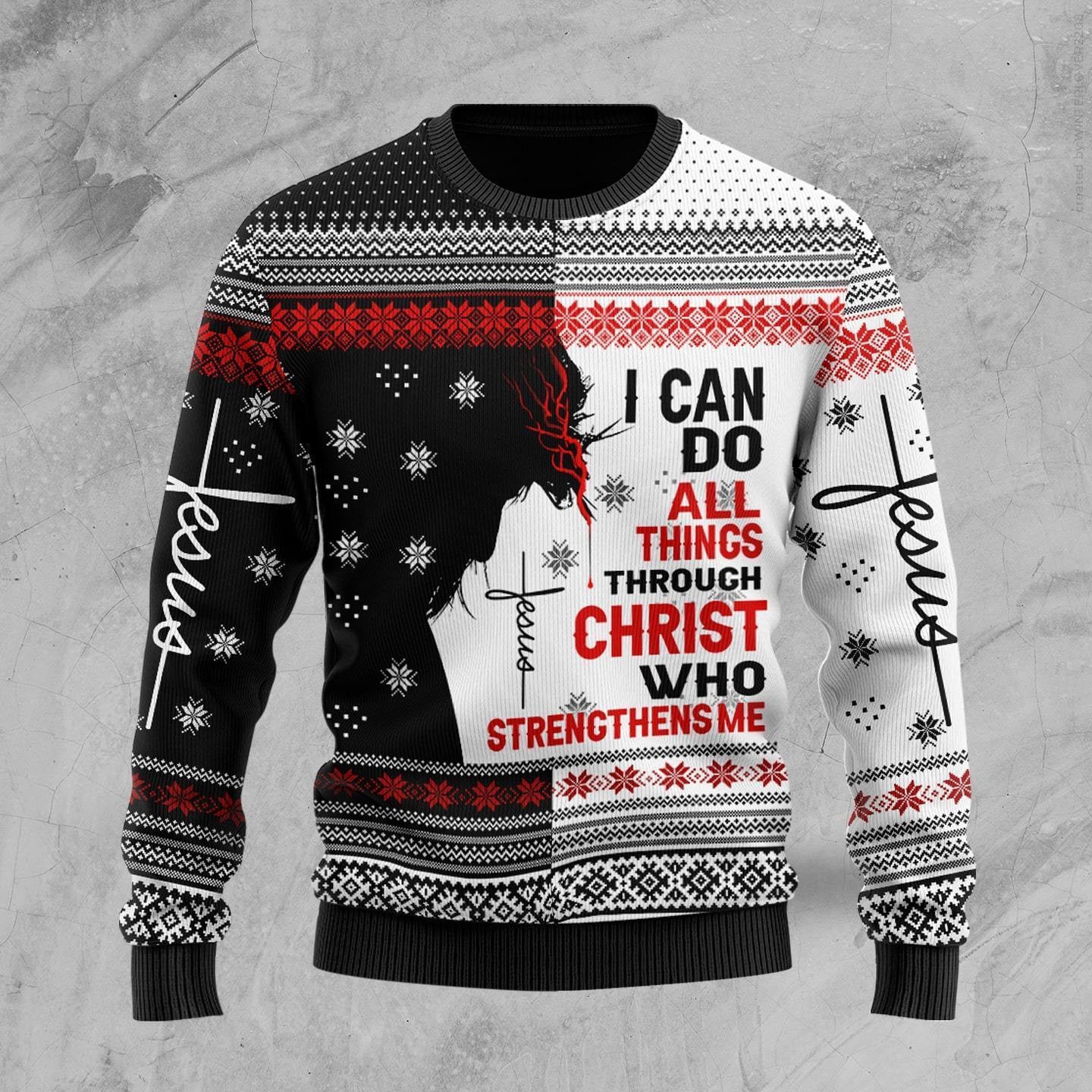 Jesus christmas i can do all thing through christ jesus all over printed knitted sweater