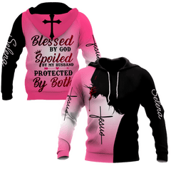 Blessed by god spoiled by husband proteced by both jesus all over printed pinky hoodie