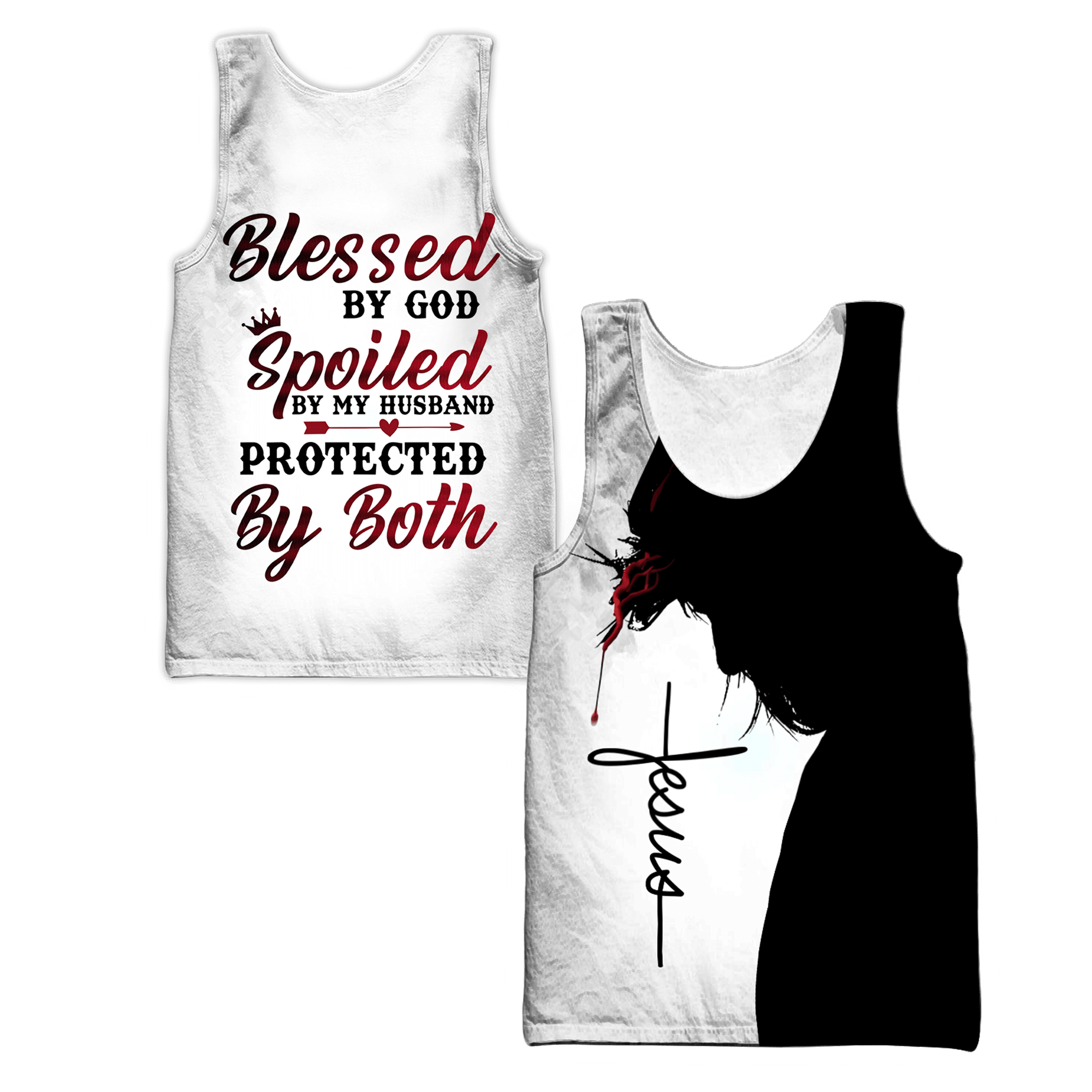 Blessed by god spoiled by husband proteced by both jesus all over printed hoodie