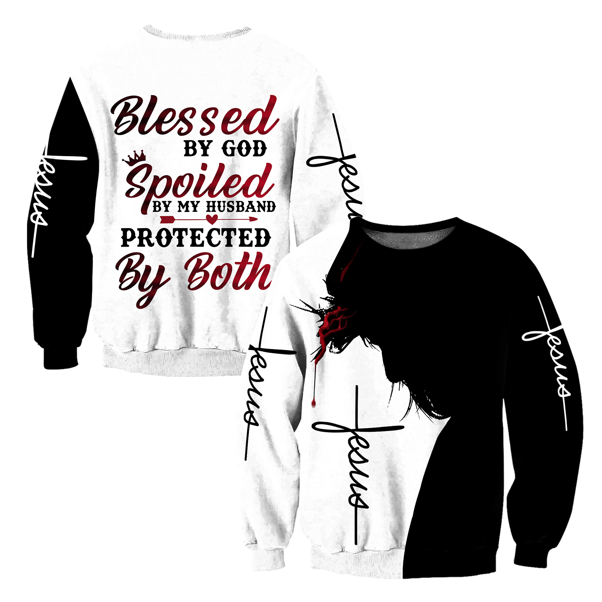 Blessed by god spoiled by husband proteced by both jesus all over printed hoodie