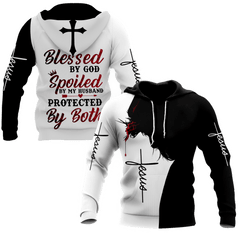 Blessed by god spoiled by husband proteced by both jesus all over printed hoodie