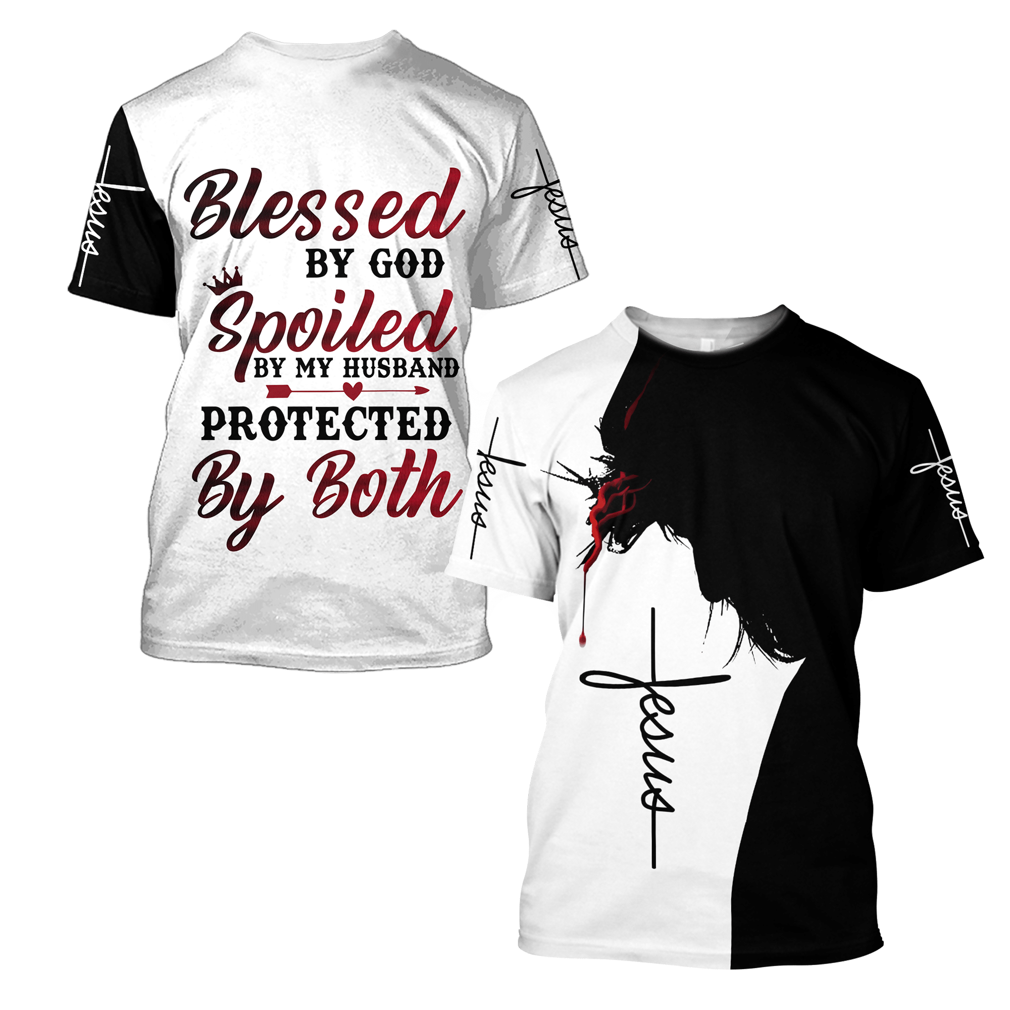 Blessed by god spoiled by husband proteced by both jesus all over printed hoodie