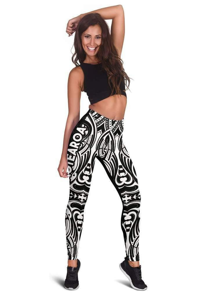 Aotearoa Maori With Map And Silver Fern Leggings Front Half Style