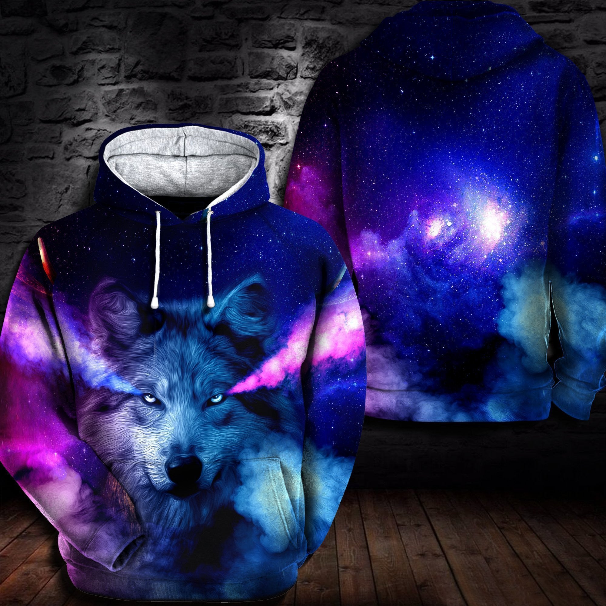 3D All Over Print Blue And Red Wolf Black Wall Brick Background Hoodie