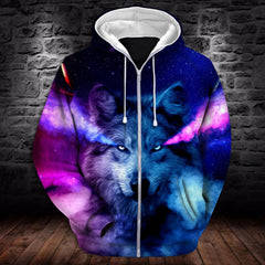 3D All Over Print Blue And Red Wolf Black Wall Brick Background Hoodie