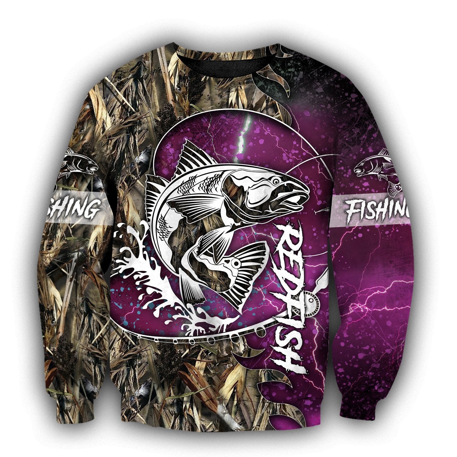 Red Fishing All Over Printed Hoodie T-Shirt For Men And Women Purple Color