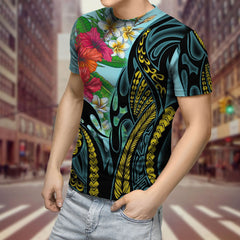 Amazing Polynesian Turquoise - Gold Tribal Pattern and Hisbiscus Plumeria Hoodie for Men and Women-ML - Amaze Style™