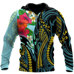 Amazing Polynesian TurquoiseGold Tribal Pattern And Hisbiscus Plumeria Hoodie For Men And Women