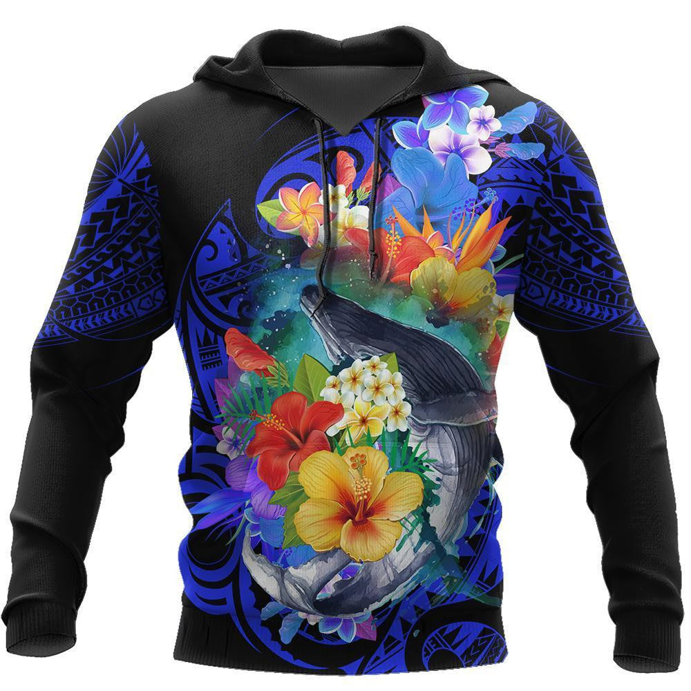 Amazing Kanaka Maoli Humpback Whale with Tropical Flowers Hoodie Tshirt for Men and Women-ML - Amaze Style™-Apparel