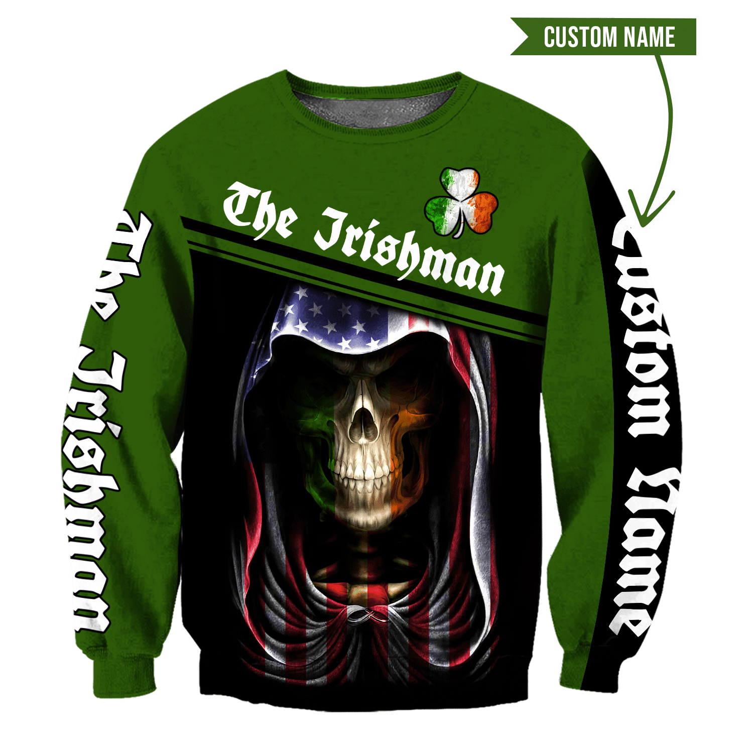 Irish Skull St Patrick Day Unisex Shirts Custom Name Hoodie 3D All Over Printed