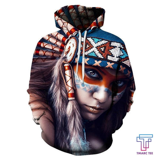 BLUE, RED AND WHITE NATIVE AMERICAN GIRL D HOODIE - NATIVE AMERICAN CLOTHING NVD