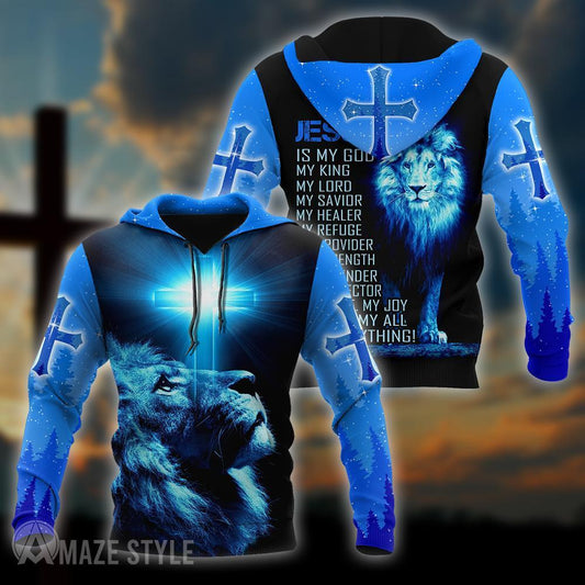 Jesus Christ Cross and Lion Blue Printed Hoodie, T-Shirt for Men and Women