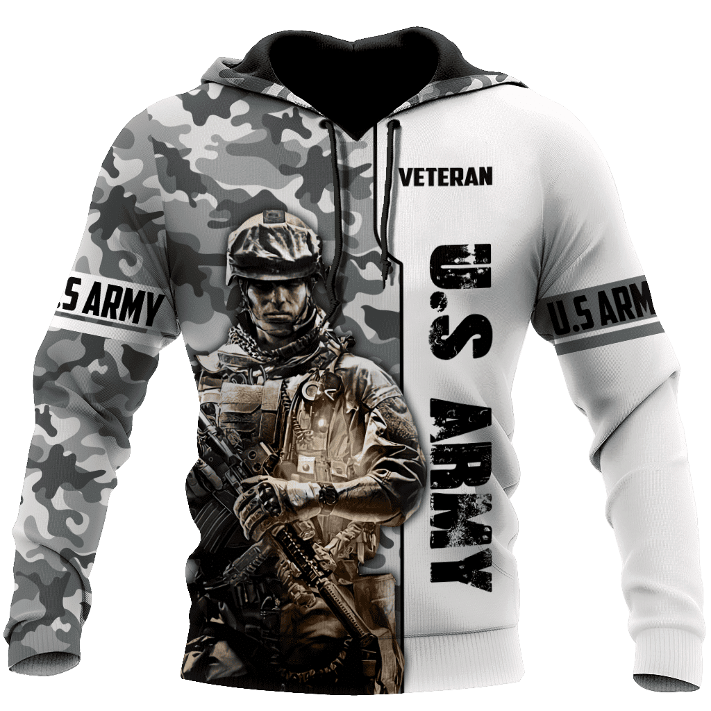 US Army Veteran Black and White Camo Printed Hoodie