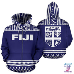 Fiji Tapa All Over Zip-Up Hoodie - Blue And White Version - BN