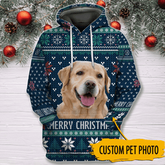 Merry Christmas Personalized Pet Photo D All Over Print Unisex Hoodie, Christmas Gifts For Dog