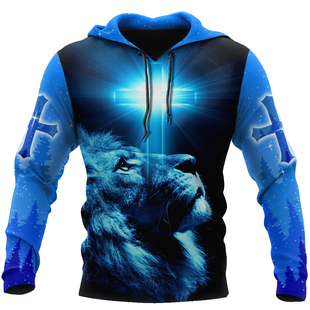 Jesus Christ Cross and Lion Blue Printed Hoodie, T-Shirt for Men and Women