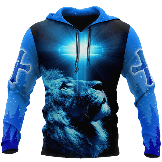 Jesus Christ Cross and Lion Blue Printed Hoodie, T-Shirt for Men and Women