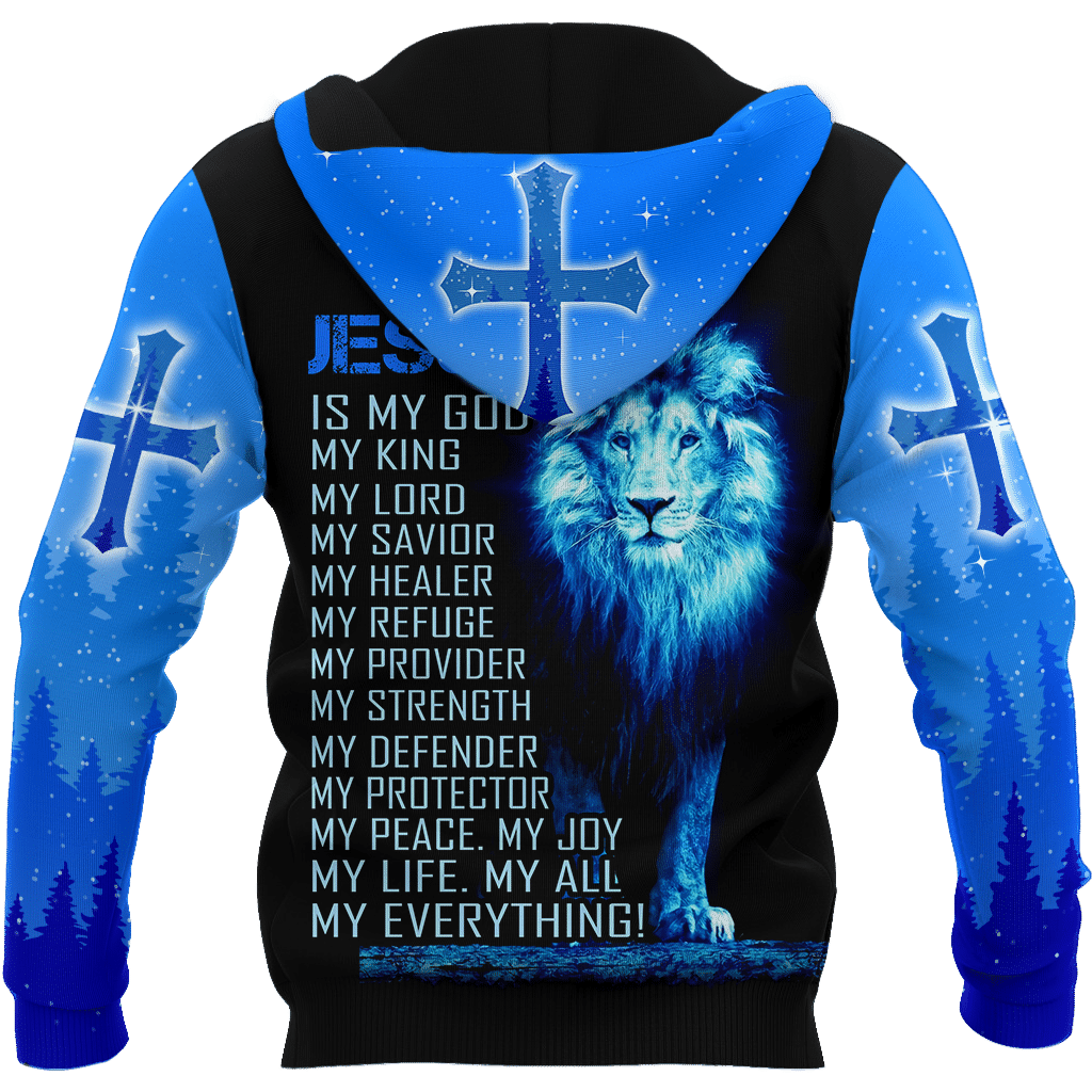 Jesus Christ Cross and Lion Blue Printed Hoodie, T-Shirt for Men and Women