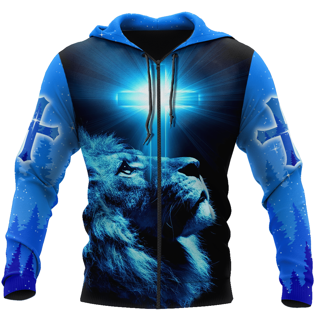 Jesus Christ Cross and Lion Blue Printed Hoodie, T-Shirt for Men and Women