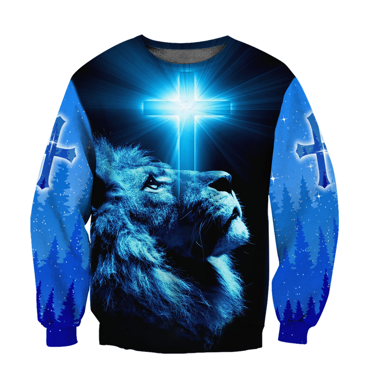 Jesus Christ Cross and Lion Blue Printed Hoodie, T-Shirt for Men and Women