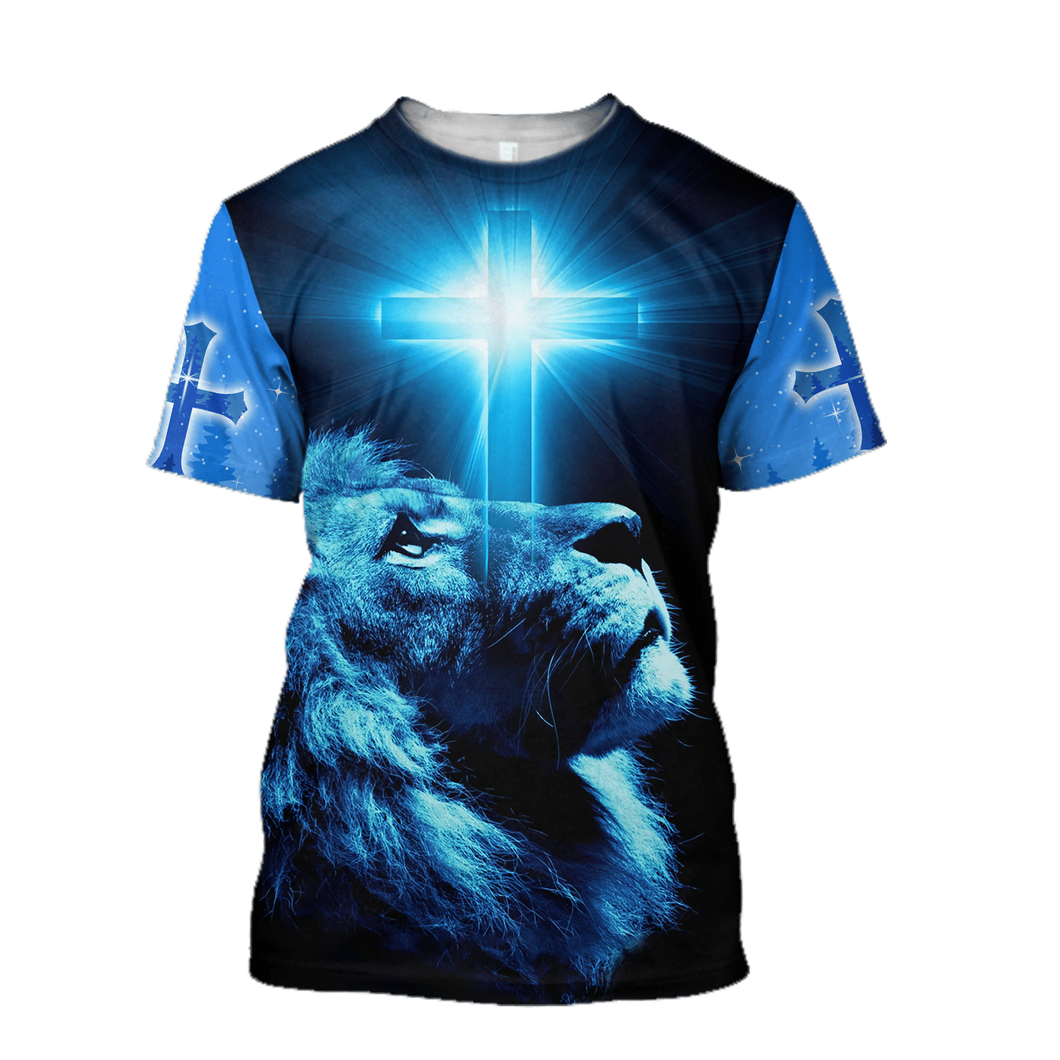 Jesus Christ Cross and Lion Blue Printed Hoodie, T-Shirt for Men and Women