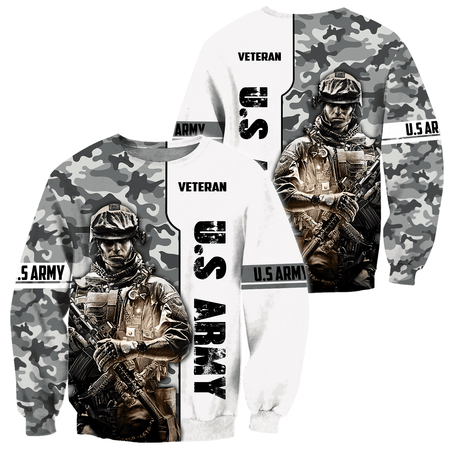 US Army Veteran Black and White Camo Printed Hoodie