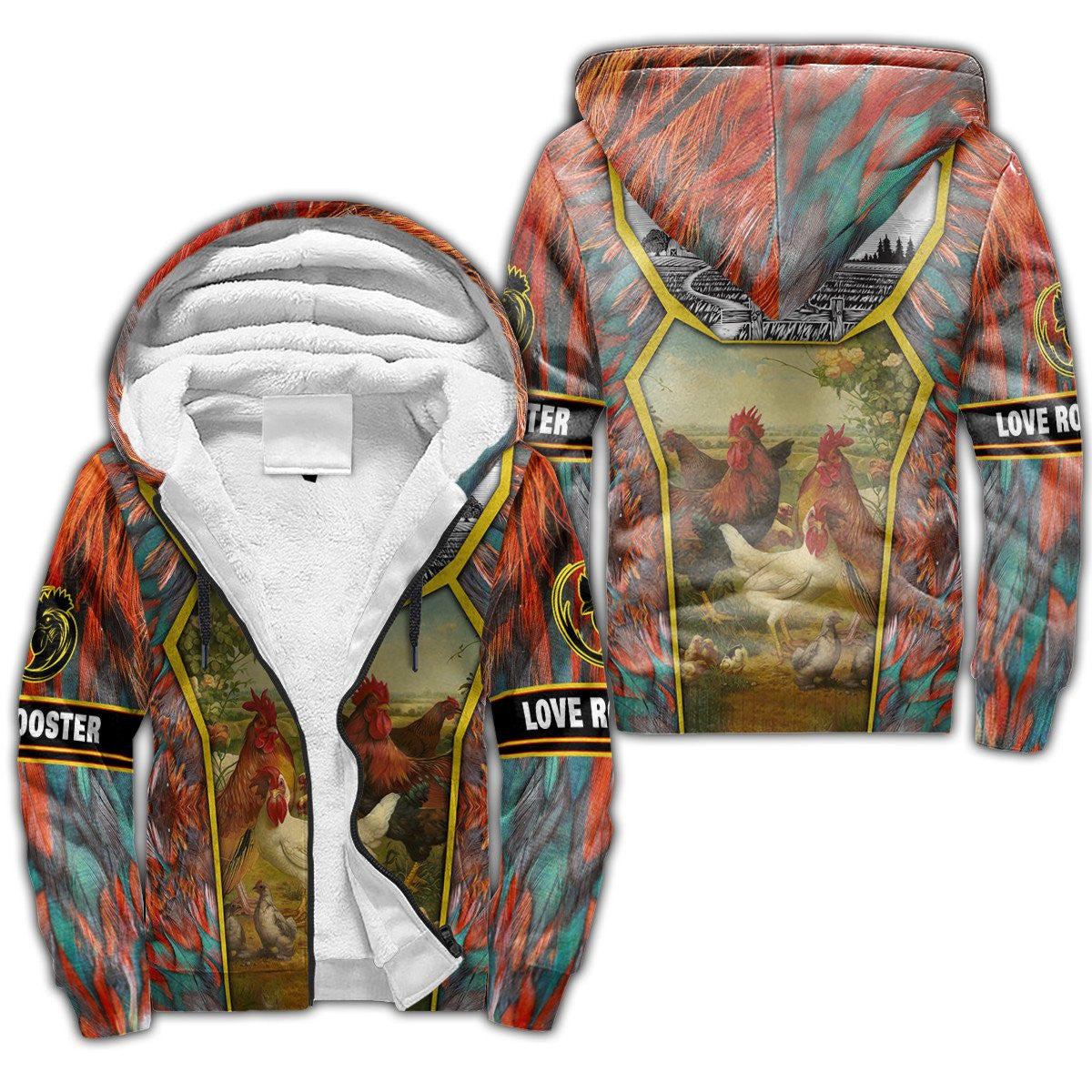 Rooster Floral All Over Printed Unisex Deluxe Hoodie ML