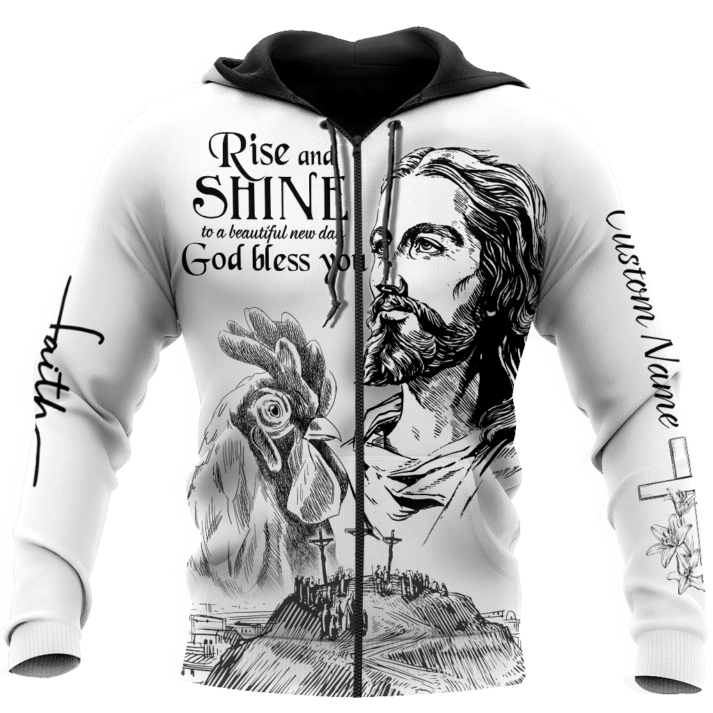 Rooster Rise And Shine Jesus D Over Printed Unisex Deluxe Hoodie ML