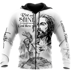 Rooster Rise And Shine Jesus D Over Printed Unisex Deluxe Hoodie ML