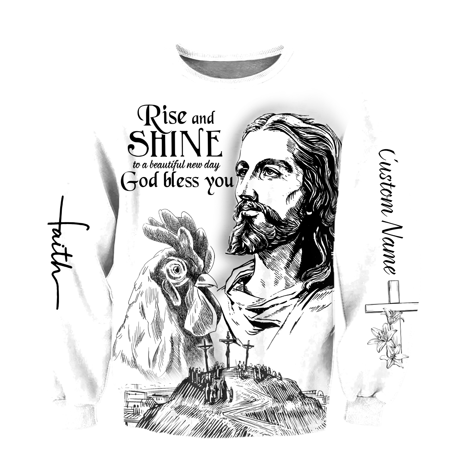 Rooster Rise And Shine Jesus D Over Printed Unisex Deluxe Hoodie ML