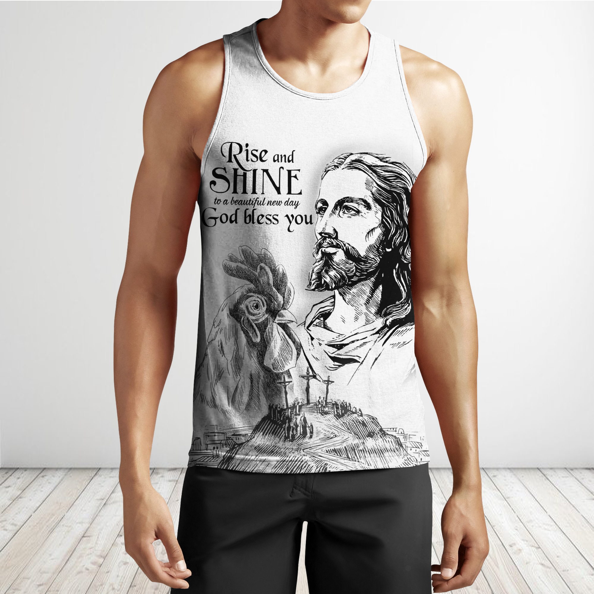 Rooster Rise And Shine Jesus D Over Printed Unisex Deluxe Hoodie ML