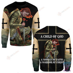 A CHILD OF GOD A WOMAN OF FAITH A WARRIOR OF CHRIST ALL OVER PRINTED SHIRTS