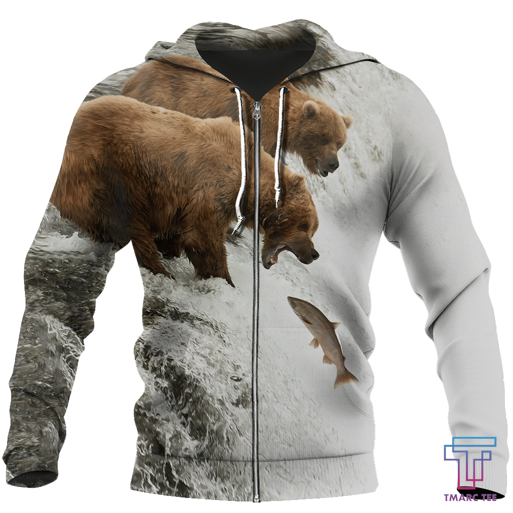 Bear hunts fish 3D all over printer shirts for man and women JJ PL