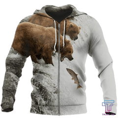 Bear hunts fish 3D all over printer shirts for man and women JJ PL