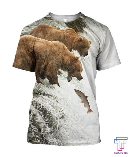 Bear hunts fish 3D all over printer shirts for man and women JJ PL