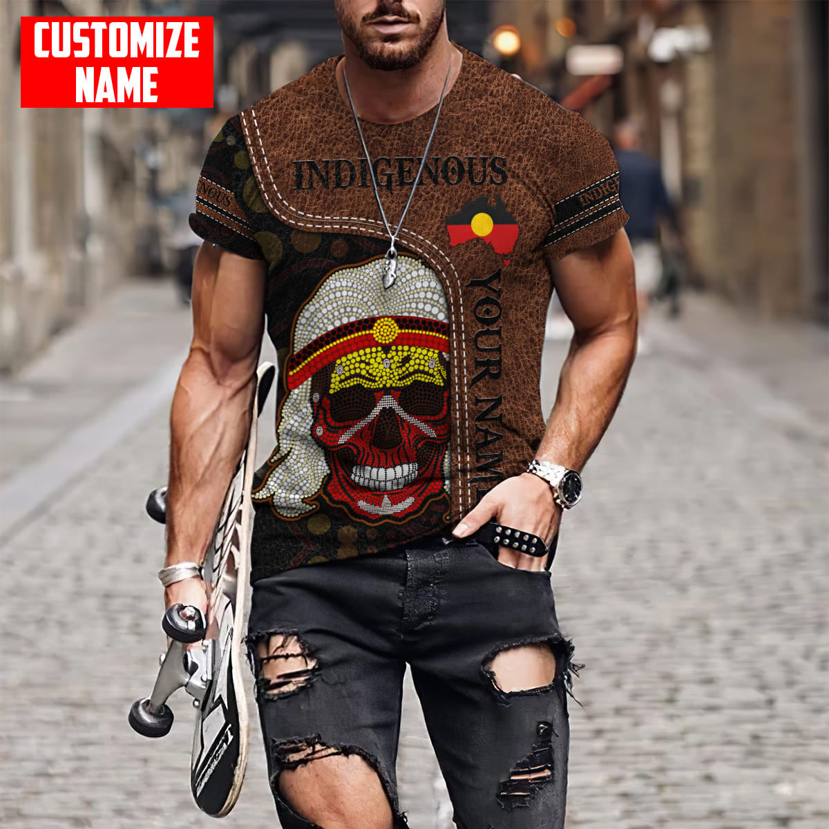 Aboriginal Flag Skull Indigenous Leather Pattern Custom name shirts