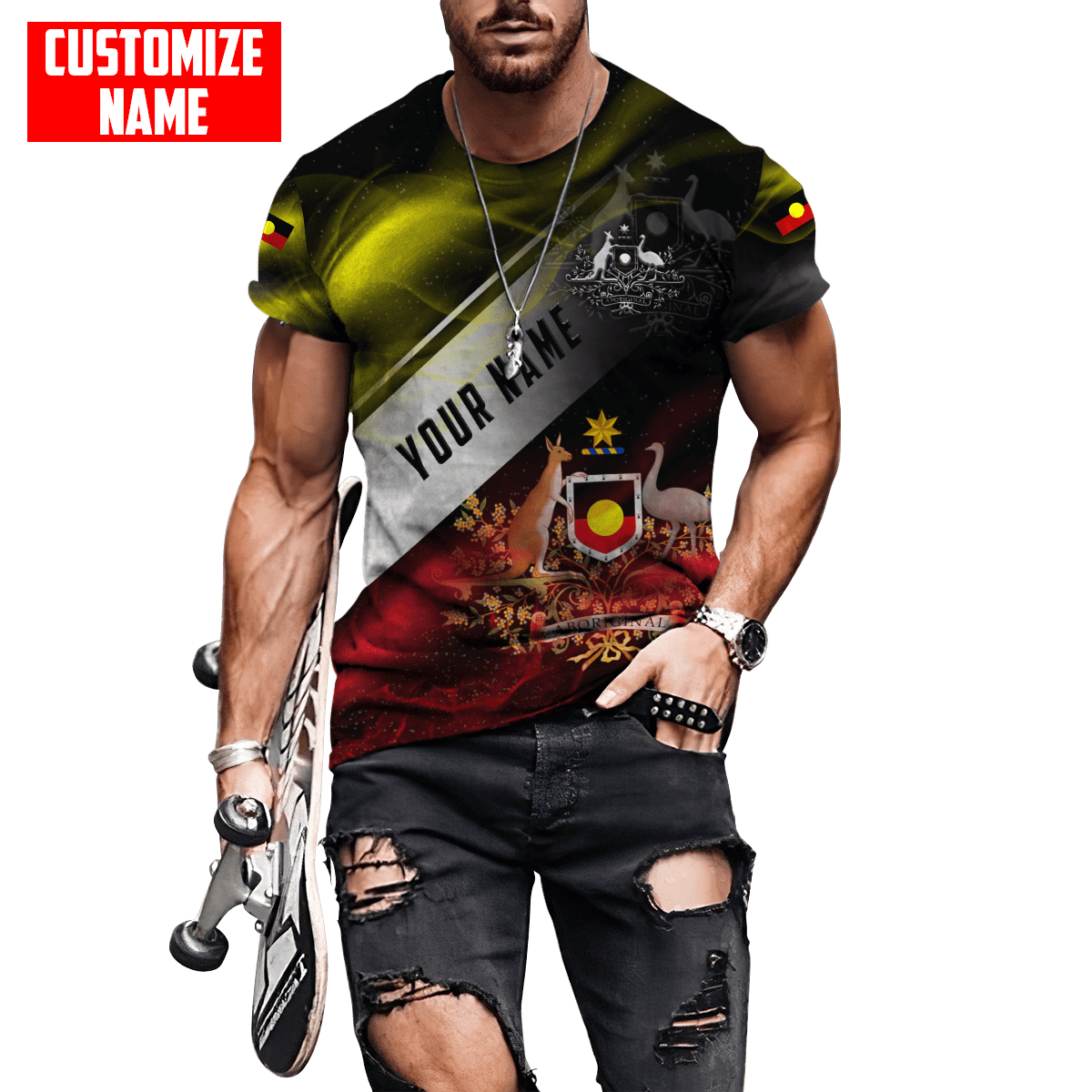 Aboriginal Flag smoke art coat of arm Custom name shirts