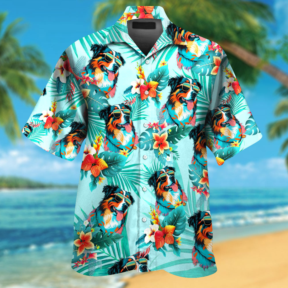 Australian Shepherd Dog Wearing Sunglass Funny Colorful Hawaiian Shirt