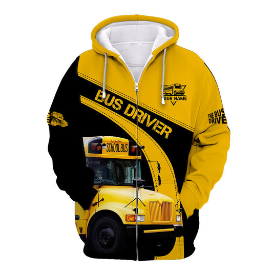 Custom Bus Driver Zipper Hoodie School Bus 3D Print Shirt Black & Yellow School Bus Shirts