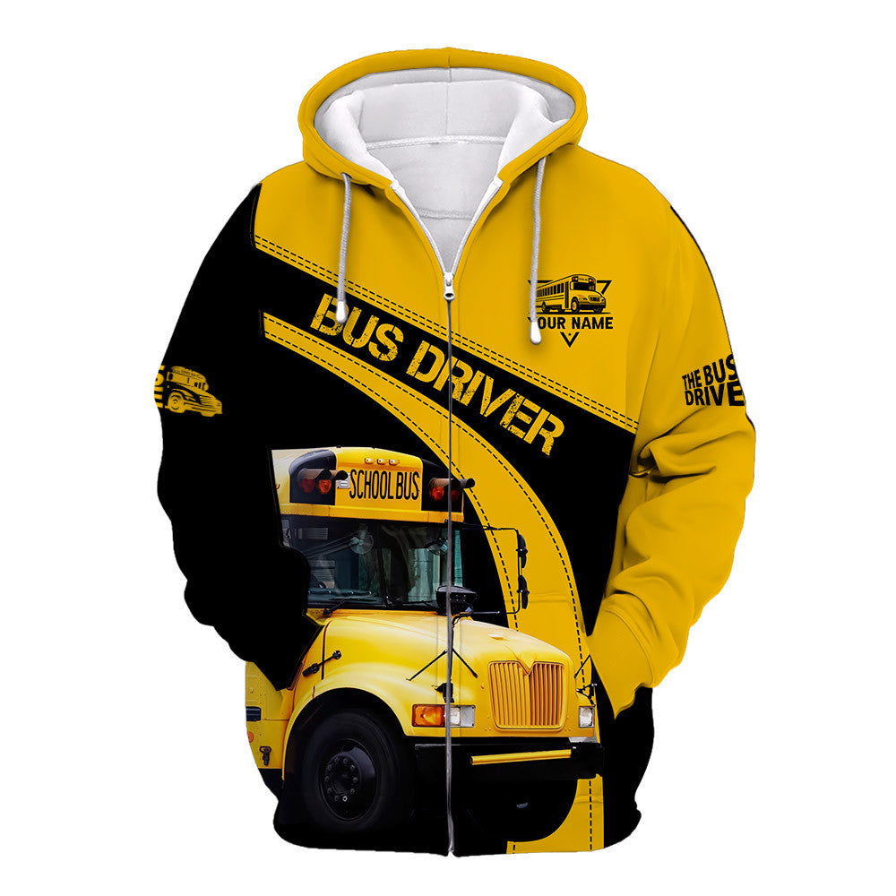 Custom Bus Driver Zipper Hoodie School Bus 3D Print Shirt Black & Yellow School Bus Shirts