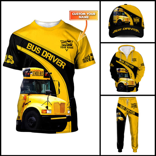 Custom Bus Driver Zipper Hoodie School Bus 3D Print Shirt Black & Yellow School Bus Shirts