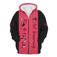 Dog Style Grooming Salon Uniform 3D Custom Zipper Hoodie Groomer Zipper Hoodie Black & Pink