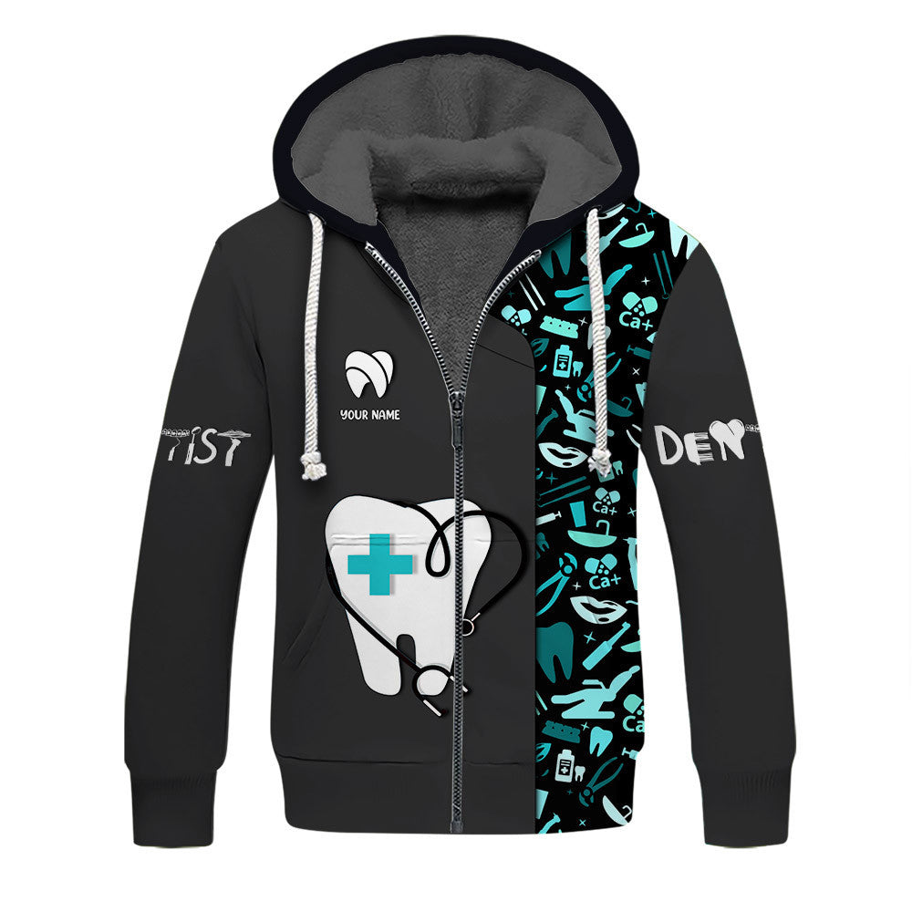 Blue Dental Tools Pattern Zipper Hoodie Dental Care Uniform Custom Name Dentist Zipper Hoodie