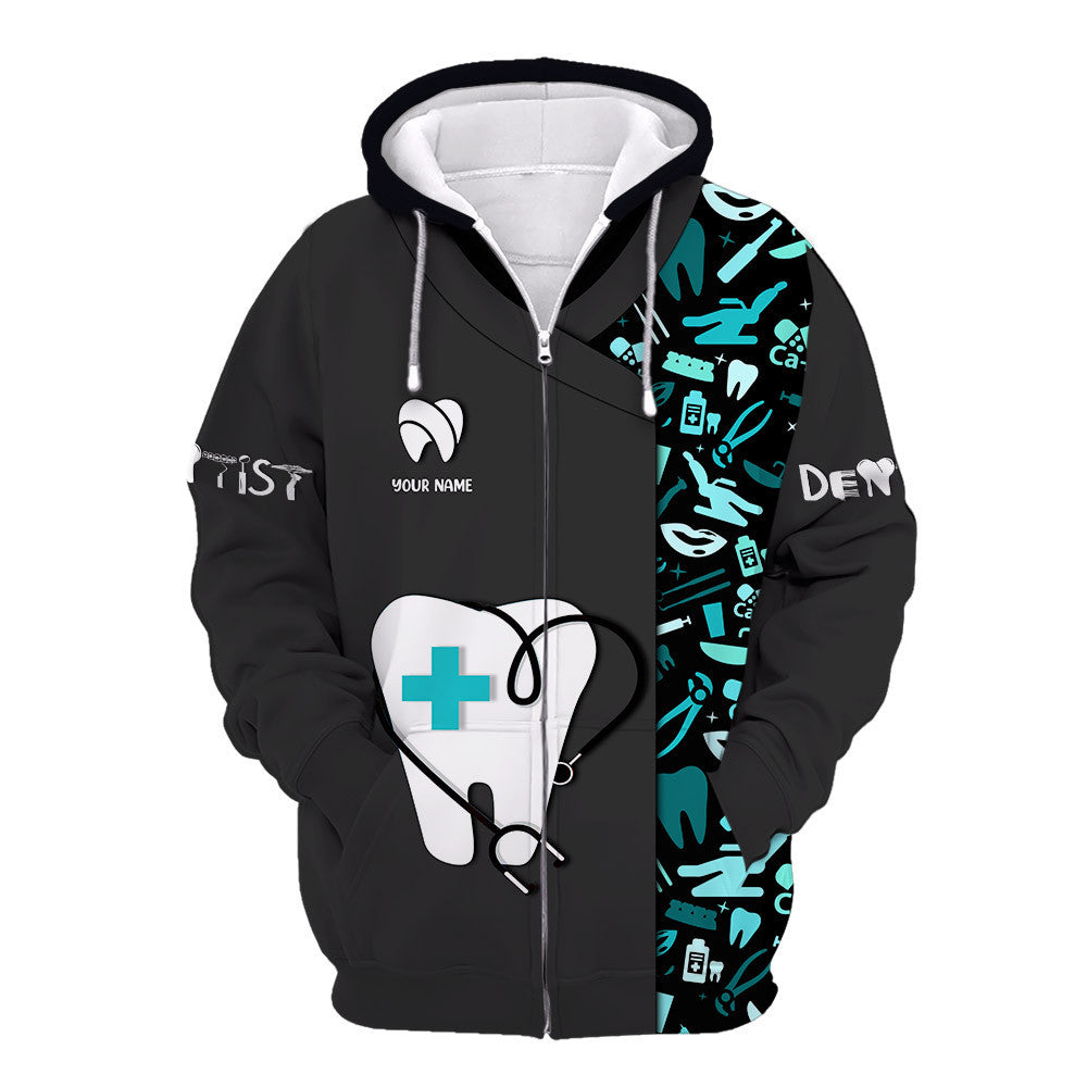 Blue Dental Tools Pattern Zipper Hoodie Dental Care Uniform Custom Name Dentist Zipper Hoodie