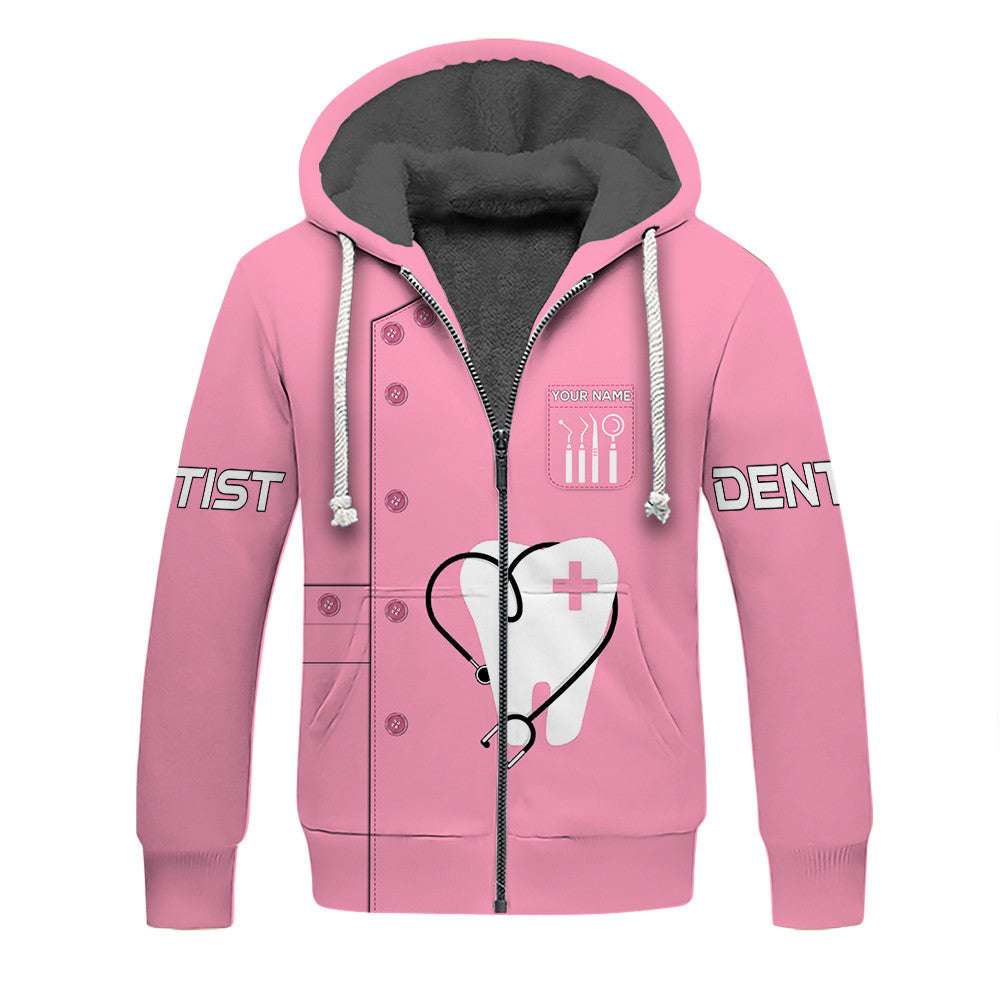 Dentist Tools Custom Name Zipper Hoodie Dental Clinic Uniform Dental Apparel Pink