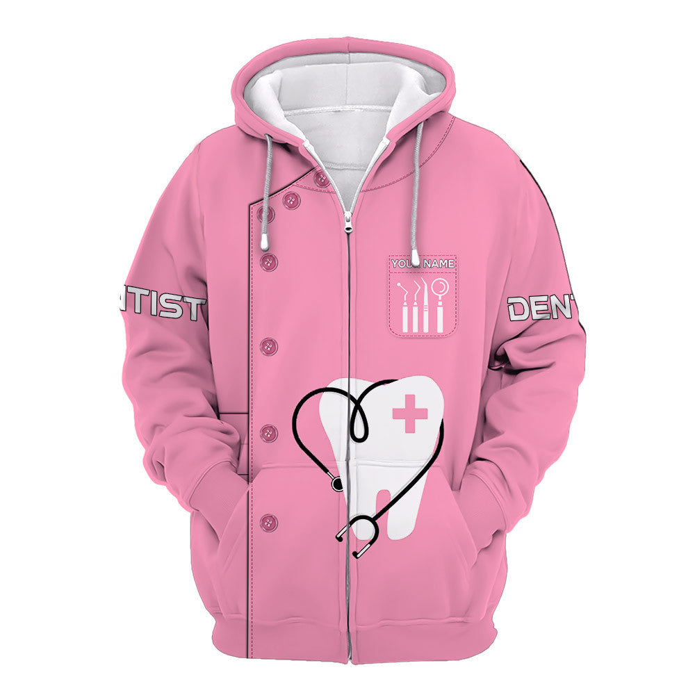 Dentist Tools Custom Name Zipper Hoodie Dental Clinic Uniform Dental Apparel Pink