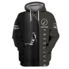 Custom Name Freediving Zipper Hoodie Freediving 3D Zipper Hoodie Gift For Divers