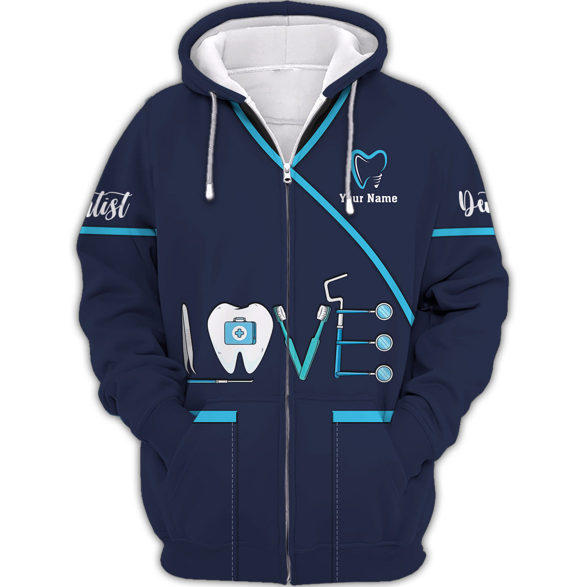 Love Dental Zipper Hoodie Dentist Personalized Name 3D Zipper Hoodie Gift For Dentist