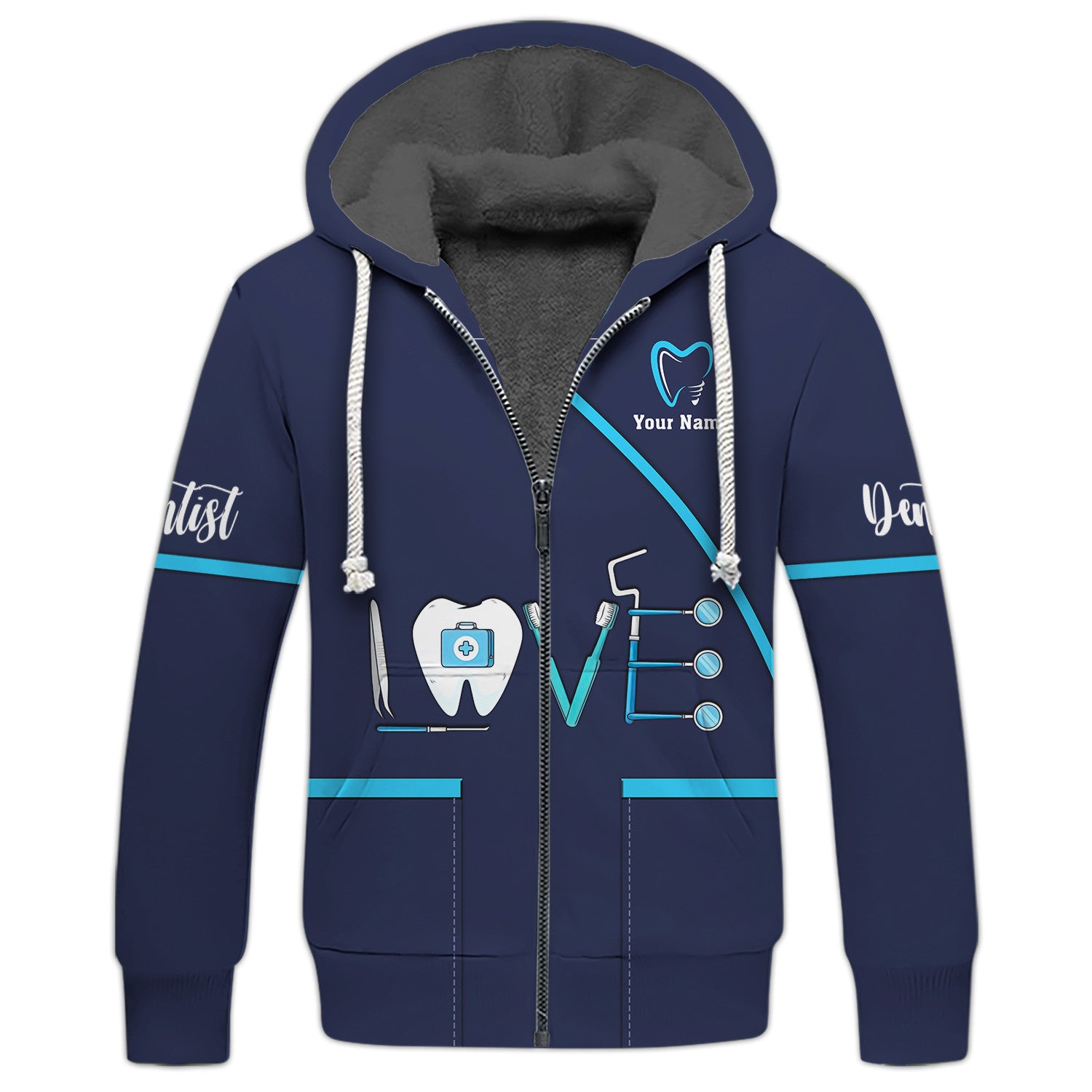 Love Dental Zipper Hoodie Dentist Personalized Name 3D Zipper Hoodie Gift For Dentist