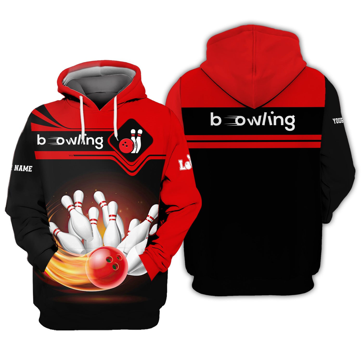 Love Bowling 3D Personalized Name Zipper Hoodie Gift For Bowling Lovers